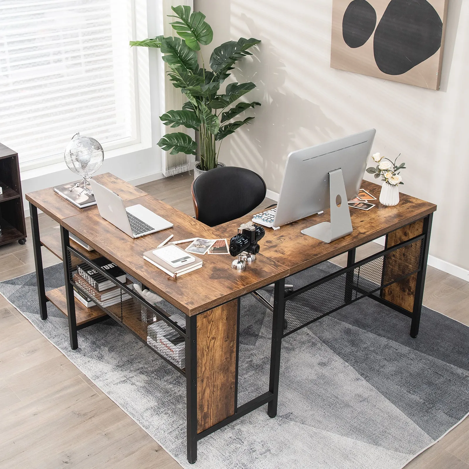 150 x 140 x 75cm Large Corner L-Shaped Computer Desk with 3 Storage Shelves-Rustic Brown