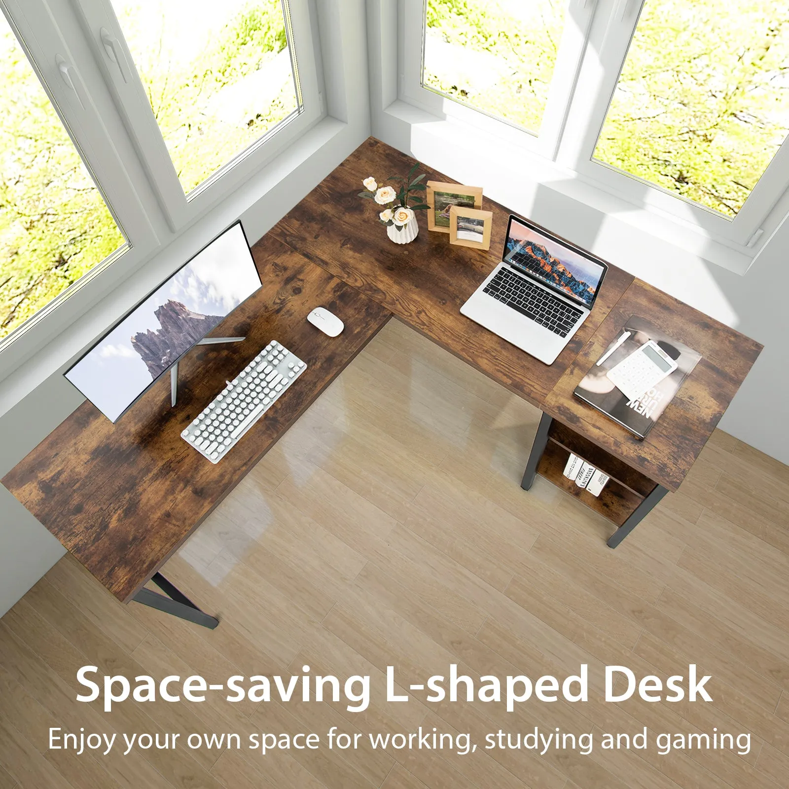 150 x 140 x 75cm Large Corner L-Shaped Computer Desk with 3 Storage Shelves-Rustic Brown