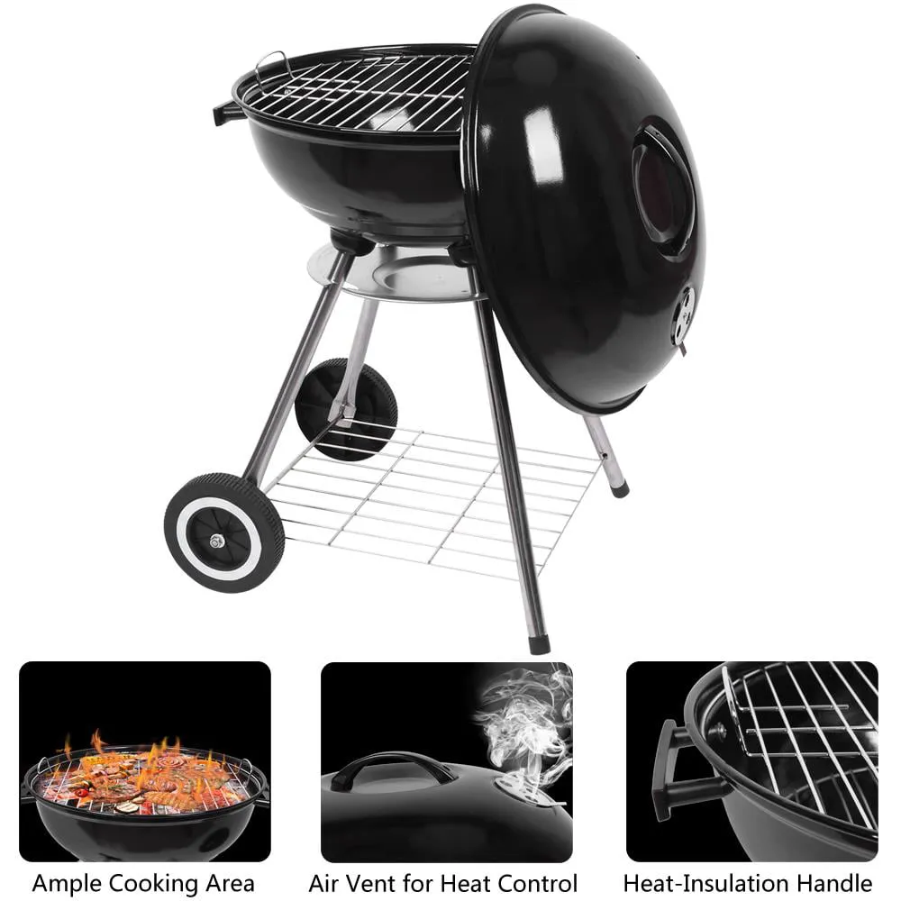 18" Portable Charcoal BBQ Grill Outdoor Camping Backyard with Side Wheels Black