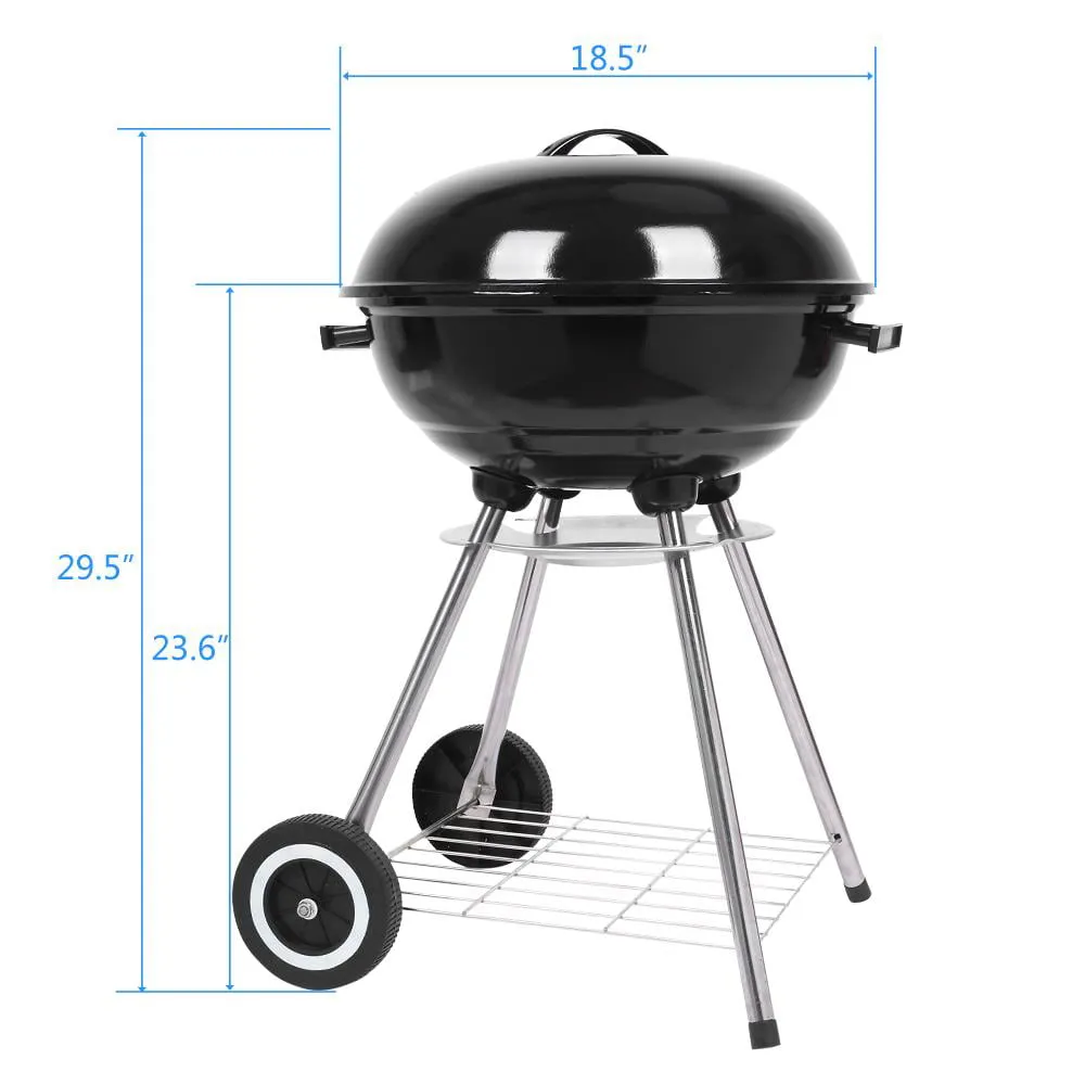 18" Portable Charcoal BBQ Grill Outdoor Camping Backyard with Side Wheels Black