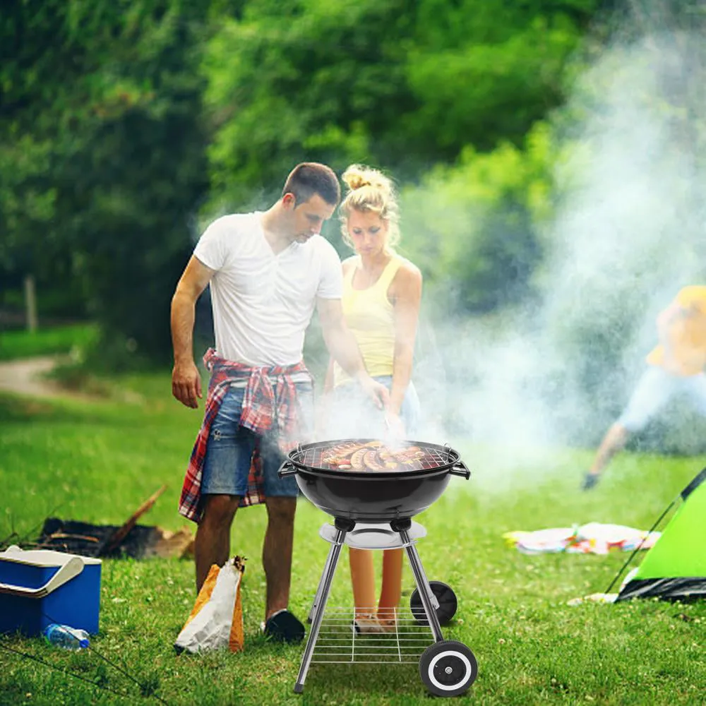 18" Portable Charcoal BBQ Grill Outdoor Camping Backyard with Side Wheels Black