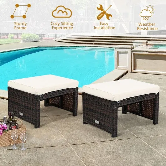 2 Pieces Cushioned Patio Rattan Ottoman Foot Rest-White