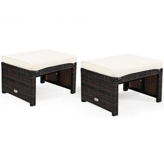 2 Pieces Cushioned Patio Rattan Ottoman Foot Rest-White