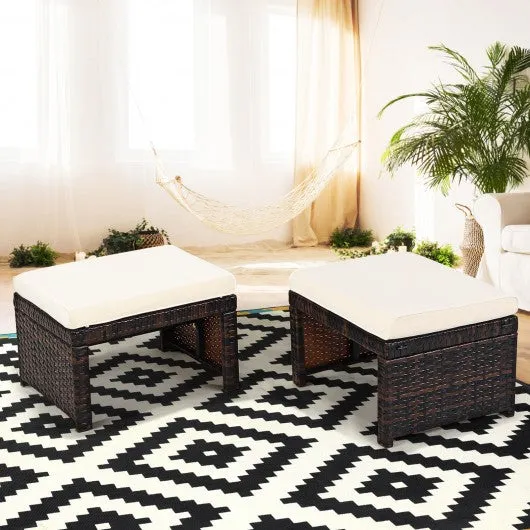 2 Pieces Cushioned Patio Rattan Ottoman Foot Rest-White