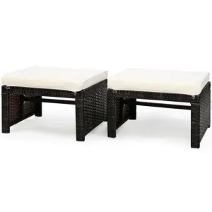 2 Pieces Cushioned Patio Rattan Ottoman Foot Rest-White