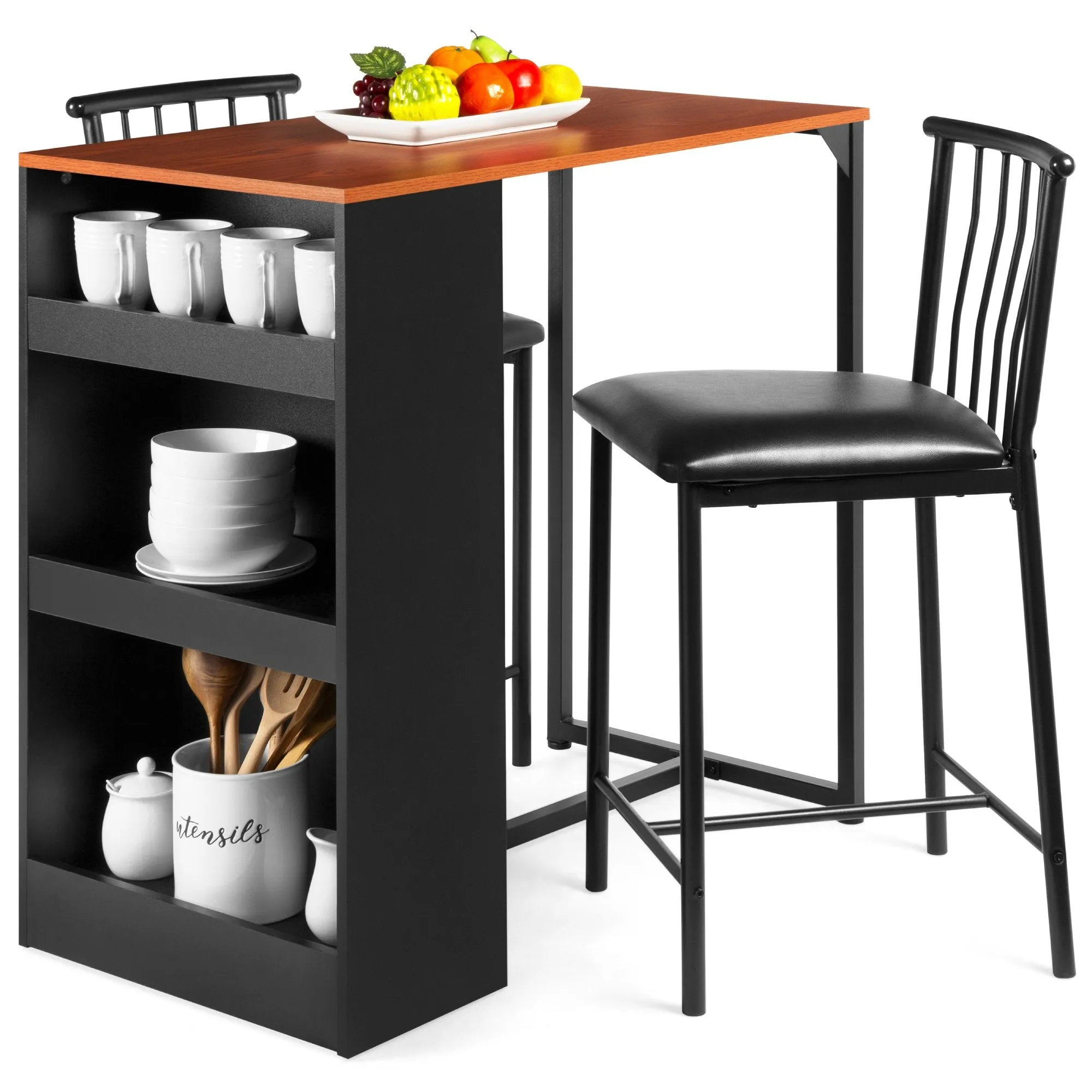 3-Piece Counter Height Kitchen Dining Table Set w/ Storage Shelves