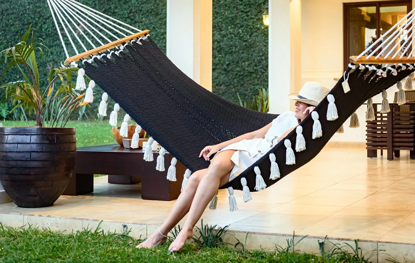 Boho Black Cotton Hammock with Tassels (Wooden Bar)