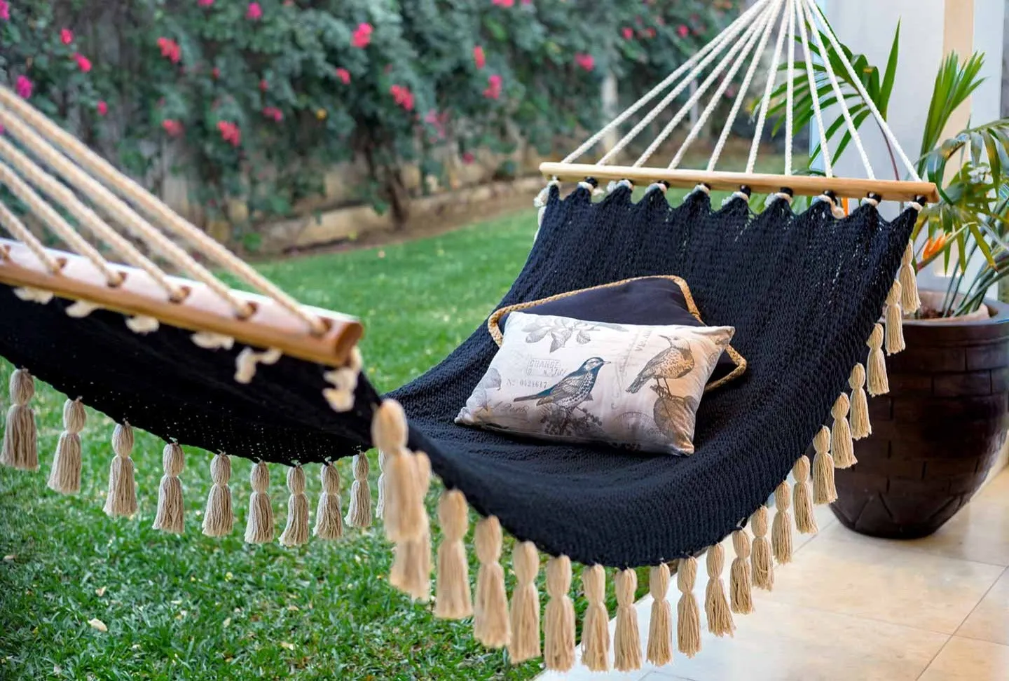 Boho Black Cotton Hammock with Tassels (Wooden Bar)