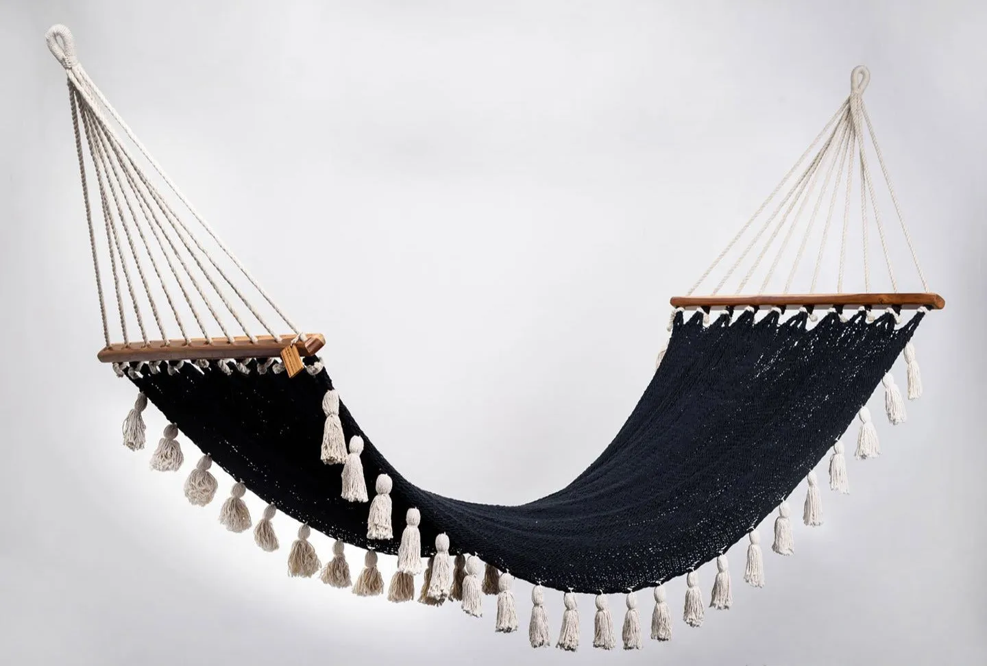 Boho Black Cotton Hammock with Tassels (Wooden Bar)