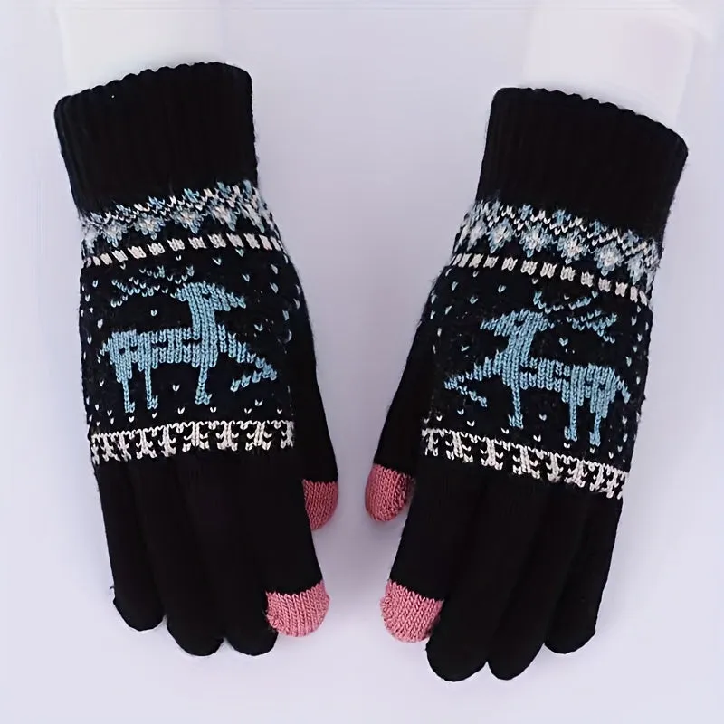 Christmas Reindeer Jacquard Knit Gloves Unisex Thick Warm Touchscreen Gloves Autumn Winter Casual Outdoor Coldproof Riding Gloves