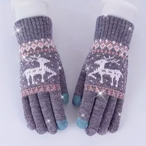 Christmas Reindeer Jacquard Knit Gloves Unisex Thick Warm Touchscreen Gloves Autumn Winter Casual Outdoor Coldproof Riding Gloves