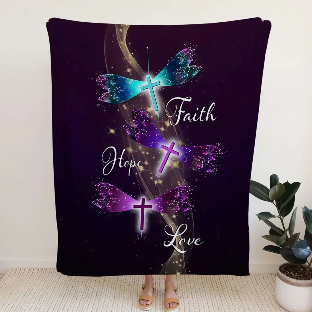 Faith Hope Love Dragonfly Fleece Blanket - Christian Blanket - Bible Verse Blanket