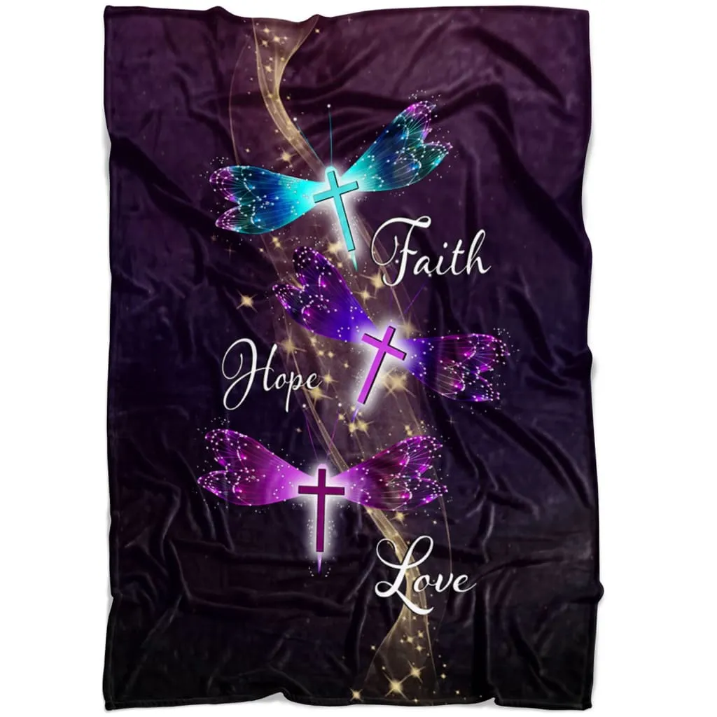 Faith Hope Love Dragonfly Fleece Blanket - Christian Blanket - Bible Verse Blanket