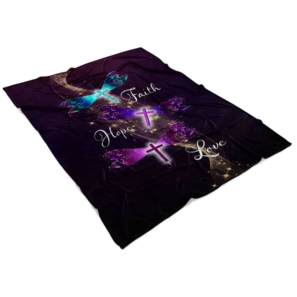 Faith Hope Love Dragonfly Fleece Blanket - Christian Blanket - Bible Verse Blanket