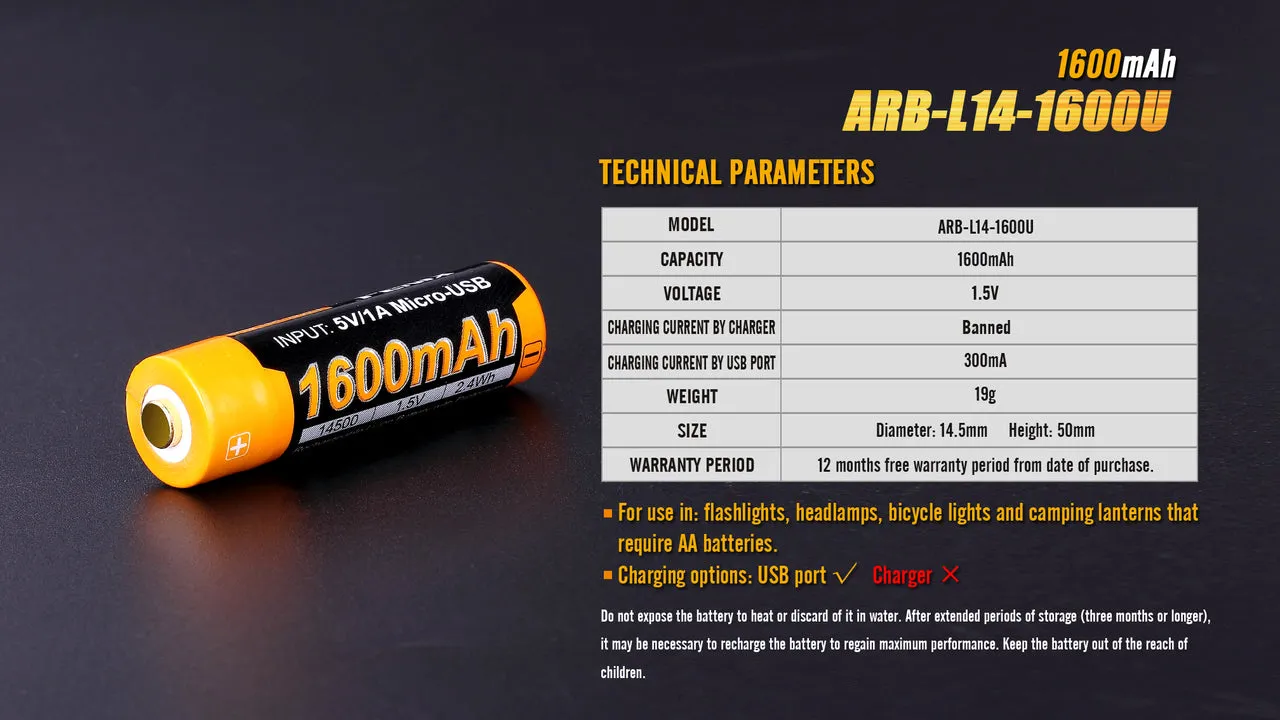 Fenix ARB-L14-1600U 1.5V USB Rechargeable Li-ion AA Battery