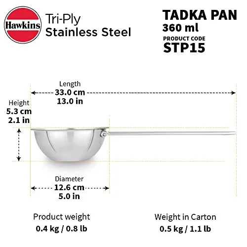 Hawkins 1.5 Cup Tadka Pan, 360 ml Triply Stainless Steel Pan, Induction Pan, Silver (STP15)