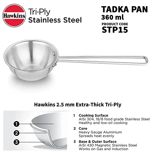 Hawkins 1.5 Cup Tadka Pan, 360 ml Triply Stainless Steel Pan, Induction Pan, Silver (STP15)