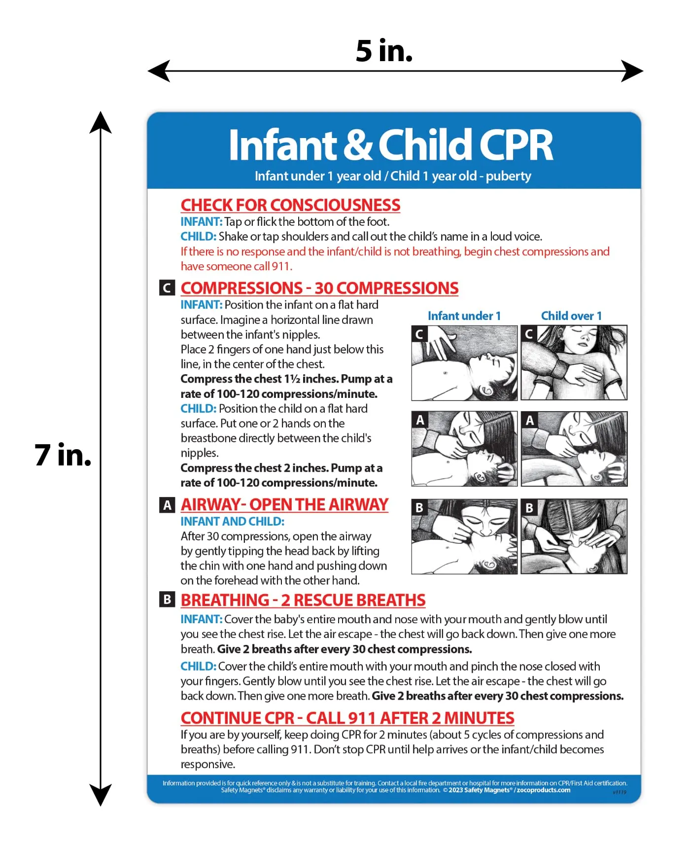 Infant CPR Safety Magnet - Baby/Infant Choking Sign - Child CPR Instructions - First Aid - Laminated Heimlich Maneuver Chart - 5 x 7 Inches