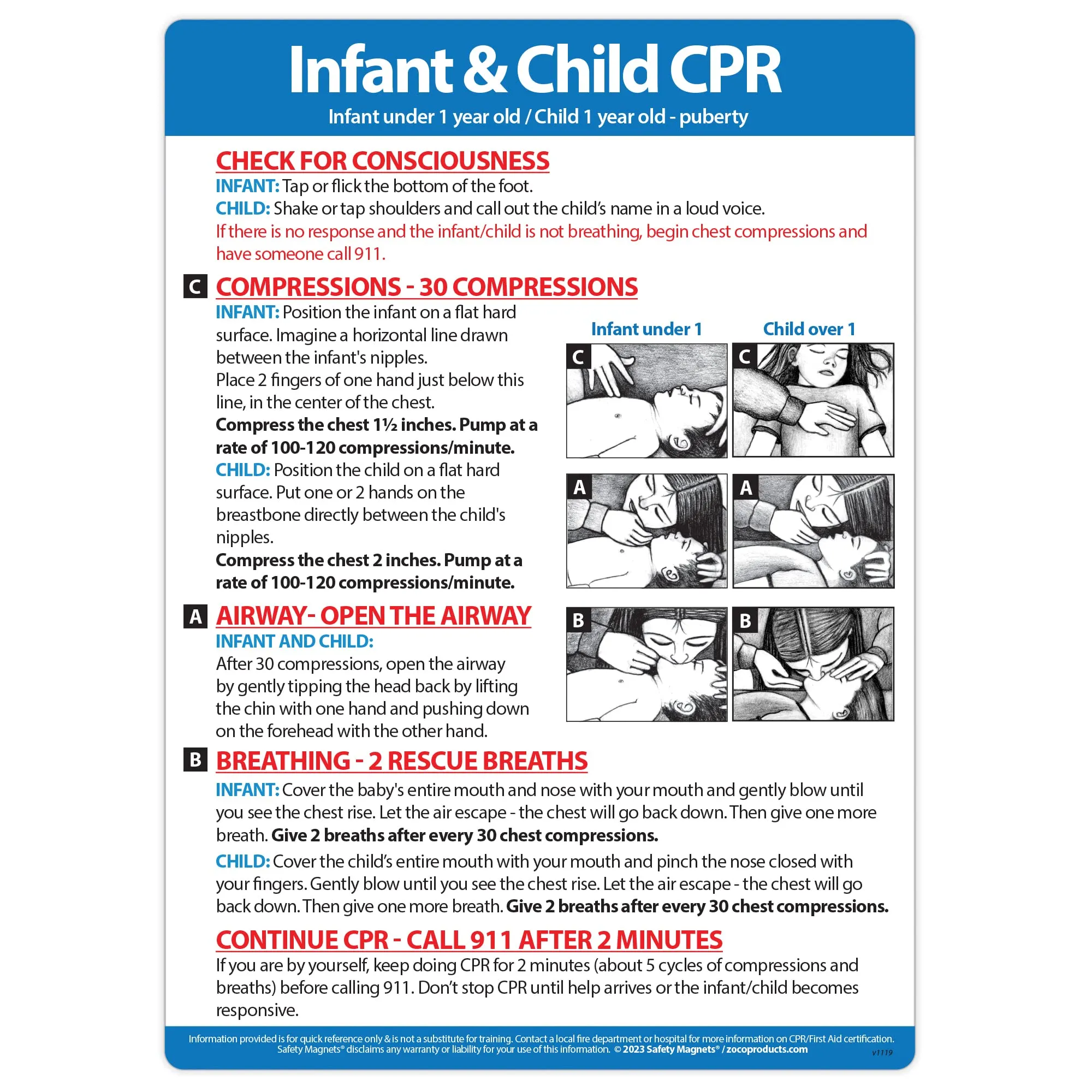 Infant CPR Safety Magnet - Baby/Infant Choking Sign - Child CPR Instructions - First Aid - Laminated Heimlich Maneuver Chart - 5 x 7 Inches