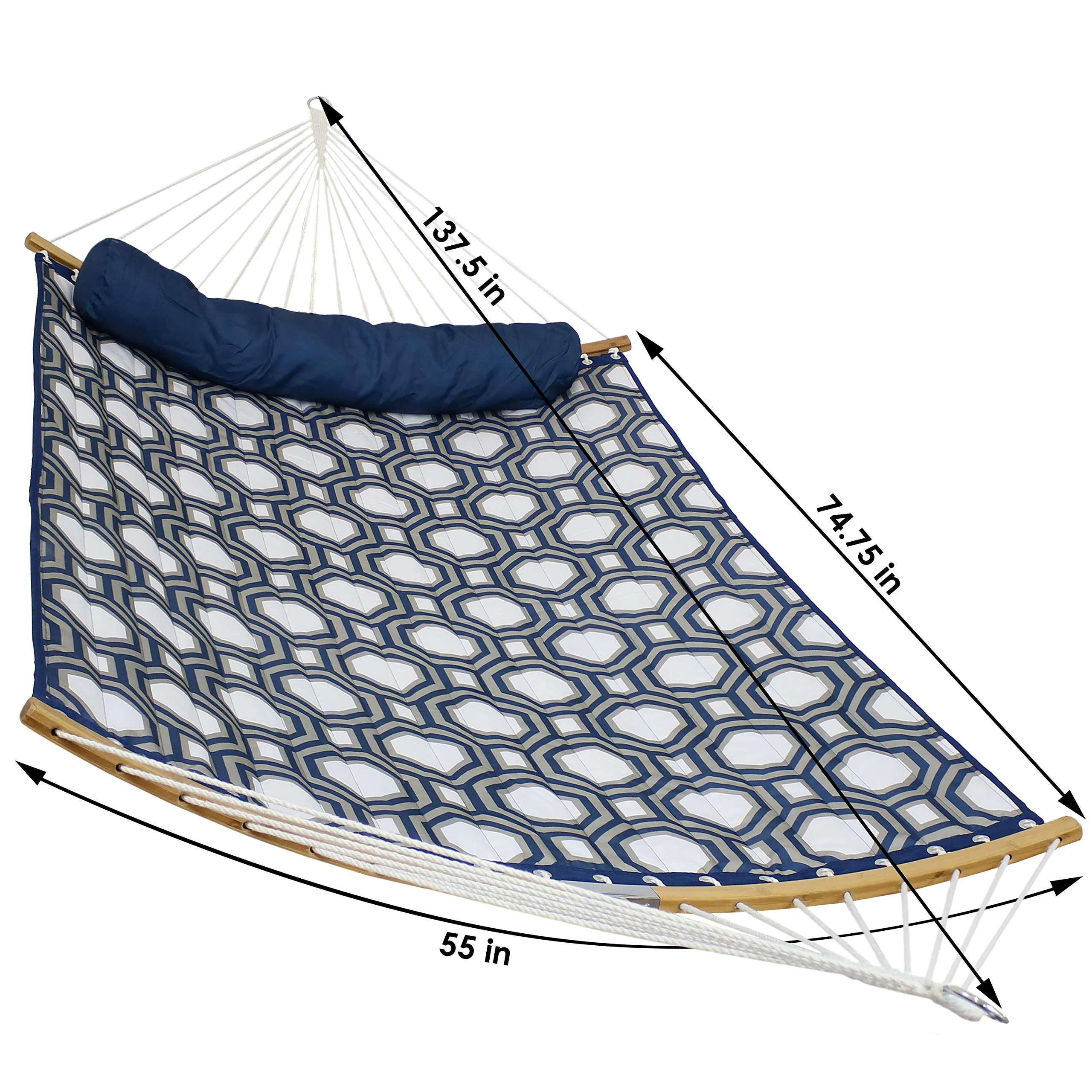 Quilted Double Hammock with 2 Curved Bamboo Spreader Bars - Sunnydaze