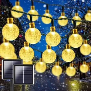 Super Bright 2-Pack 100Led 64FT Crystal Globe Solar Christmas Lighs Outdoor, Waterproof with 8 Lighting Modes, Solar String Lights for Outside Christmas Tree Patio Christmas Decorations (Warm White)