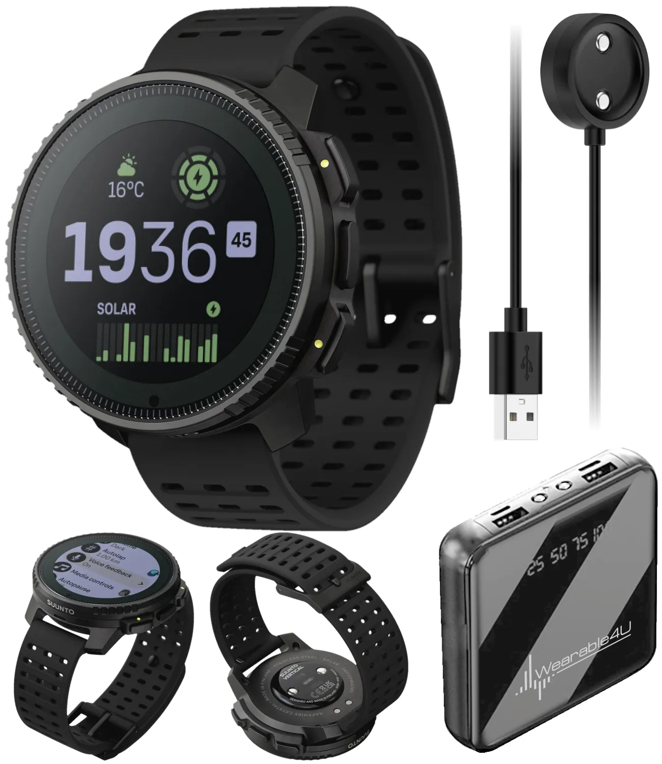 Suunto Vertical Adventure GPS Watch, All Black, Large Screen, Offline Maps with Wearable4U Power Bank SQ Bundle