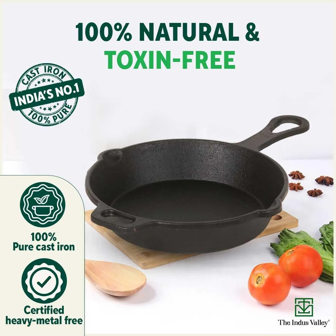 The Indus Valley Pre-Seasoned Cast Iron Cookware Set  Free Tadka Pan | Tawa (30.5 cm)  Kadai (25.4 cm/2.3L)  Fry Pan (23 cm/1.4L) | Kitchen Cooking Combo Pots and Pans Set of 4Pcs | Naturally Nonstick