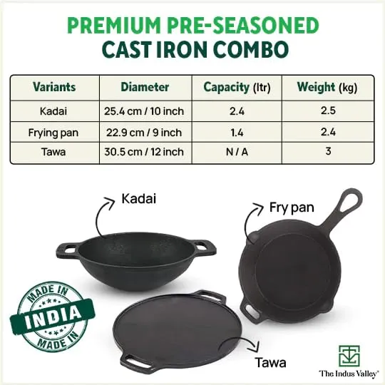 The Indus Valley Pre-Seasoned Cast Iron Cookware Set  Free Tadka Pan | Tawa (30.5 cm)  Kadai (25.4 cm/2.3L)  Fry Pan (23 cm/1.4L) | Kitchen Cooking Combo Pots and Pans Set of 4Pcs | Naturally Nonstick