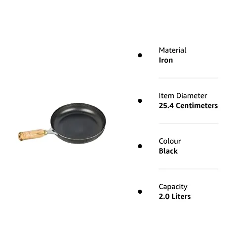 The Indus Valley Pre-Seasoned Iron Fry Pan with Wooden Handle | Medium, 24.7cm/9.7 inch, 1.5Ltr, 0.9kg | Induction Friendly | Pre-Seasoned Fry Pan, 100% Pure & Toxin-Free, No Chemical Coating