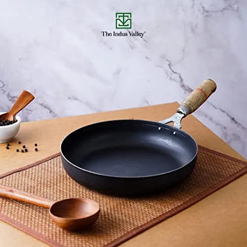 The Indus Valley Pre-Seasoned Iron Fry Pan with Wooden Handle | Medium, 24.7cm/9.7 inch, 1.5Ltr, 0.9kg | Induction Friendly | Pre-Seasoned Fry Pan, 100% Pure & Toxin-Free, No Chemical Coating