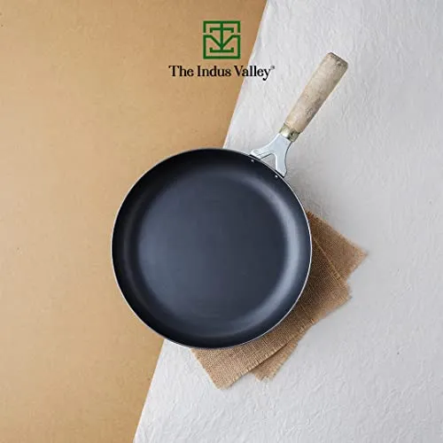 The Indus Valley Pre-Seasoned Iron Fry Pan with Wooden Handle | Medium, 24.7cm/9.7 inch, 1.5Ltr, 0.9kg | Induction Friendly | Pre-Seasoned Fry Pan, 100% Pure & Toxin-Free, No Chemical Coating