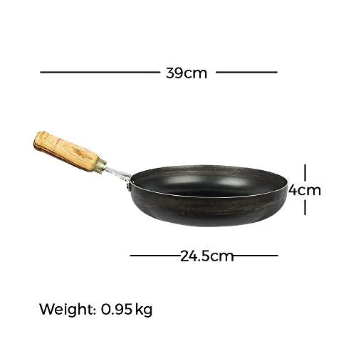 The Indus Valley Pre-Seasoned Iron Fry Pan with Wooden Handle | Medium, 24.7cm/9.7 inch, 1.5Ltr, 0.9kg | Induction Friendly | Pre-Seasoned Fry Pan, 100% Pure & Toxin-Free, No Chemical Coating