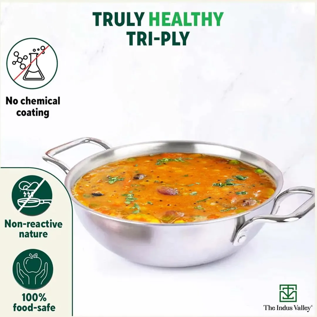 The Indus Valley Triply Stainless Steel Kadai with Glass Lid | Large 26cm/10.2 inch, 3.5L, 1.3kg | Induction Friendly | Nonstick 3-Layer Body, 100% Pure & Toxin-Free