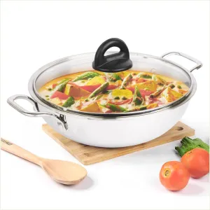 The Indus Valley Triply Stainless Steel Kadai with Glass Lid | Large 26cm/10.2 inch, 3.5L, 1.3kg | Induction Friendly | Nonstick 3-Layer Body, 100% Pure & Toxin-Free