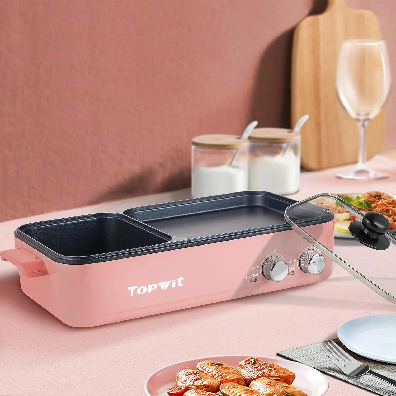 Topwit Hot Pot Electric with Grill, 2 in 1 Indoor Non-stick for Steaks, Shabu Shabu, Noodles, Simmer and Fry, Korean BBQ Grill, Independent Dual Temperature Control, Pink