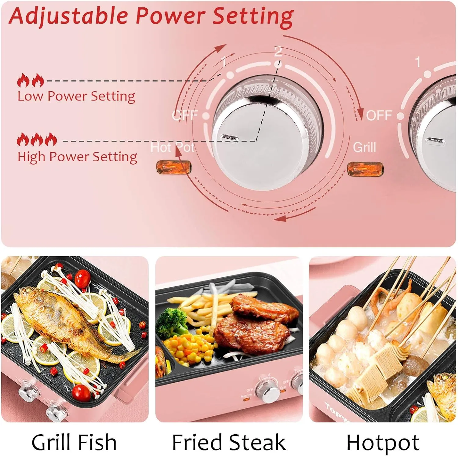 Topwit Hot Pot Electric with Grill, 2 in 1 Indoor Non-stick for Steaks, Shabu Shabu, Noodles, Simmer and Fry, Korean BBQ Grill, Independent Dual Temperature Control, Pink