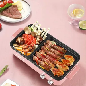 Topwit Hot Pot Electric with Grill, 2 in 1 Indoor Non-stick for Steaks, Shabu Shabu, Noodles, Simmer and Fry, Korean BBQ Grill, Independent Dual Temperature Control, Pink