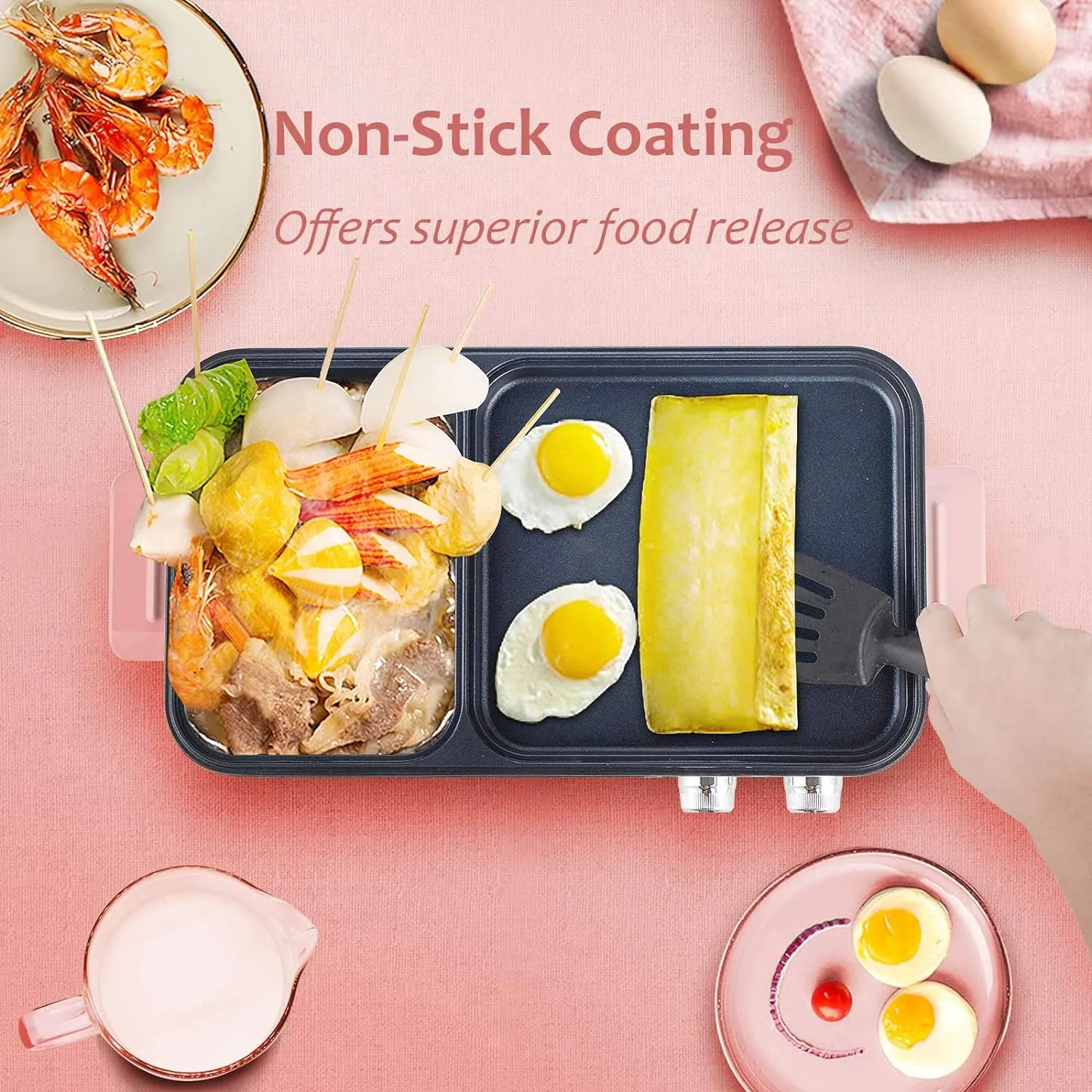 Topwit Hot Pot Electric with Grill, 2 in 1 Indoor Non-stick for Steaks, Shabu Shabu, Noodles, Simmer and Fry, Korean BBQ Grill, Independent Dual Temperature Control, Pink