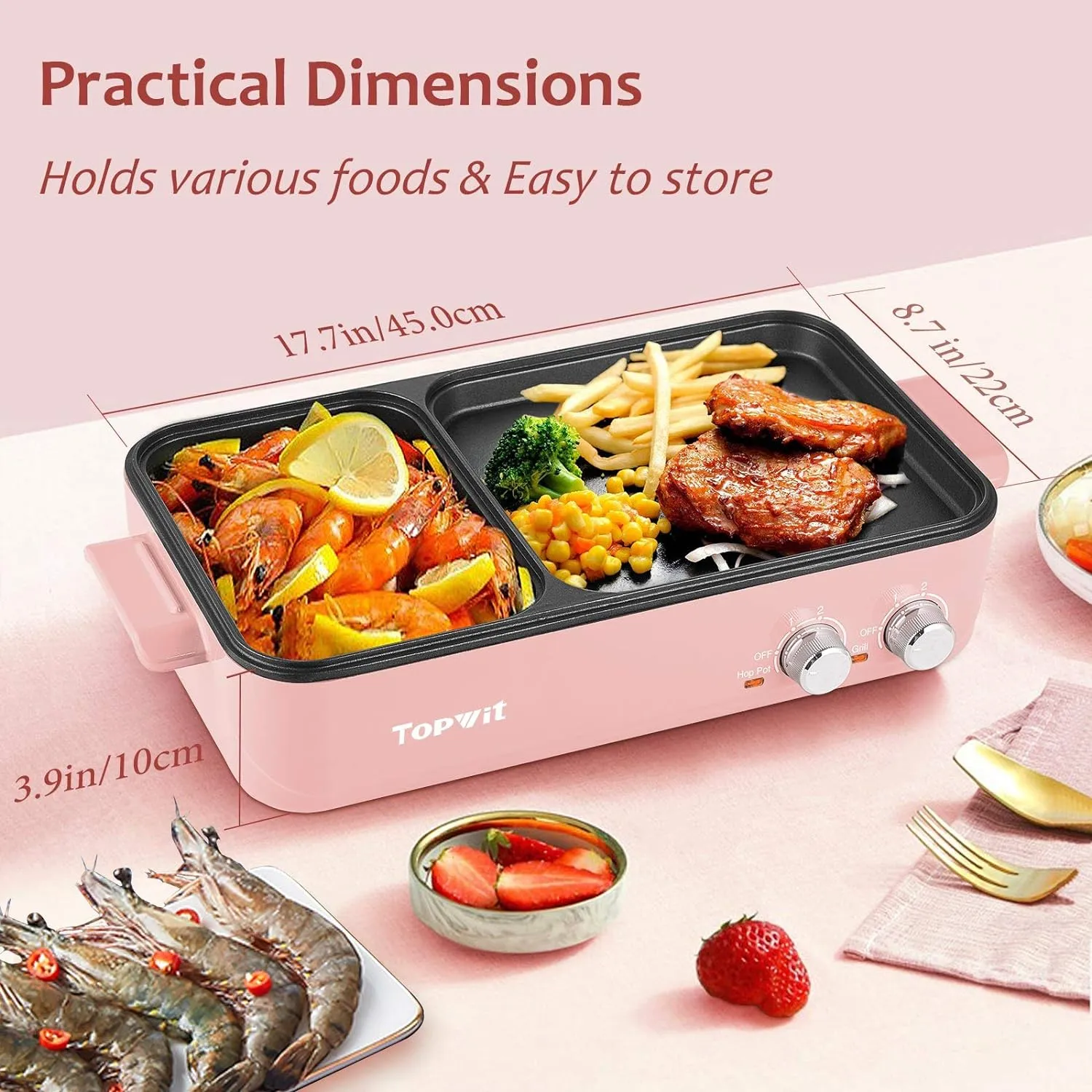 Topwit Hot Pot Electric with Grill, 2 in 1 Indoor Non-stick for Steaks, Shabu Shabu, Noodles, Simmer and Fry, Korean BBQ Grill, Independent Dual Temperature Control, Pink