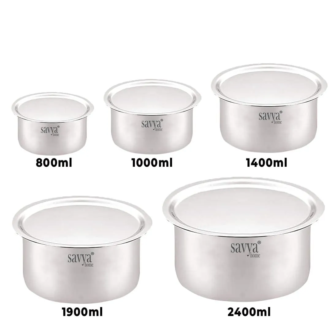 UMAI X SAVYA Home Stainless Steel Tope Set with Lid | Food Grade Stainless Steel, Durable & Wobble Free Base | Suitable for Gas Stove, High & Low Flame Heating |Tope Set of 5 - Assorted (with Lid)