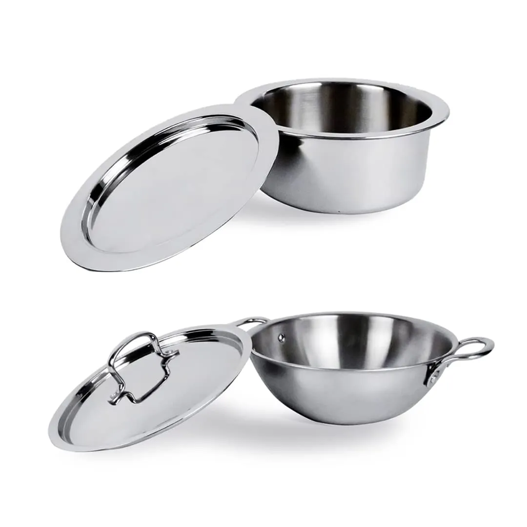 USHA SHRIRAM Triply Stainless Steel Kadhai (1.6L) and Tope (1.5L) Set | 2.5 mm Thick | with SS Lid | Heavy Bottom Cooking Utensils | Gas & Induction Utensils | Stainless Steel Cookware | Cooking Pot