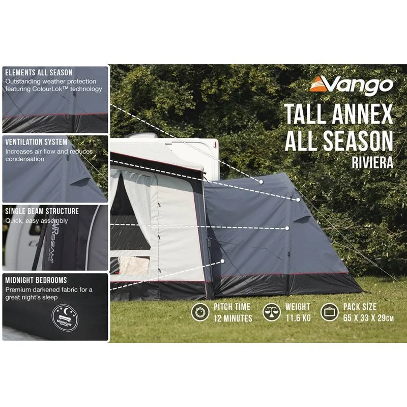 Vango Riviera Air Awning 390 Elements TC Package With Free Tall Annex Elements TC - Riviera, Caravan Awning Side Canopy and    CP225 - Breathable Fitted Carpet - Riviera 390